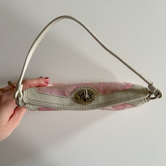 RARE Vintage Coach Y2K Pink Carriage Print Turn Lock Wristlet Mini Bag - Picture 7 of 10